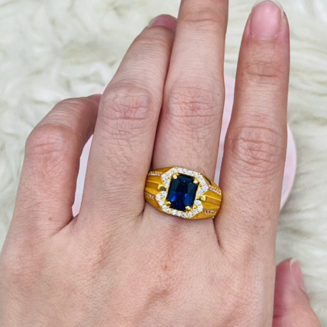 Cincin cowo cincin pria permata biru putih mewah elegant uk 21 emas asli kadar 875