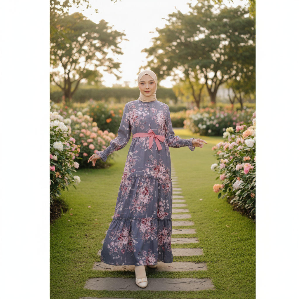 Dclo Humaira Maxy Dress Motif Bunga Dress Korean Style Gamis Motif Kekinian Gaun Bunga Wanita Mewah