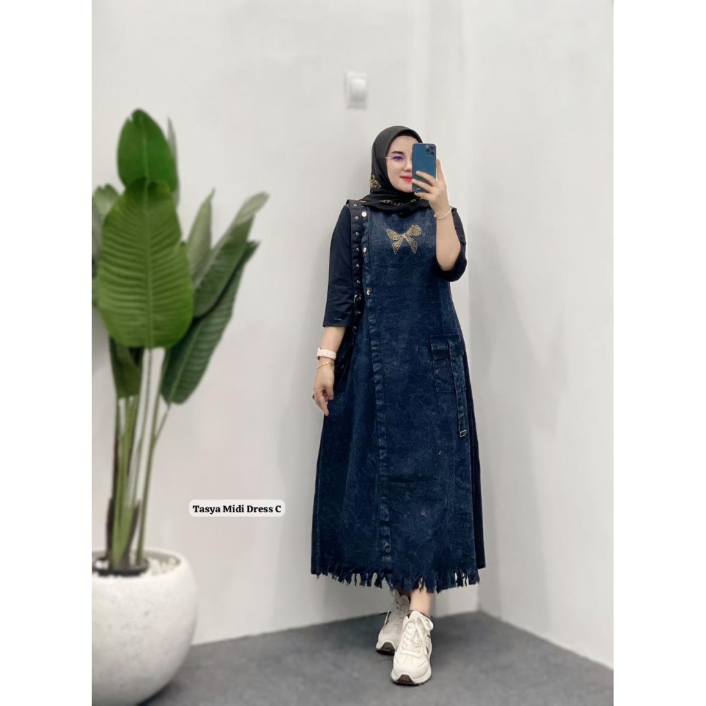 TASYA MIDI DRESS BAHAN JEANS MIX COMBAD LD 100 PB 125