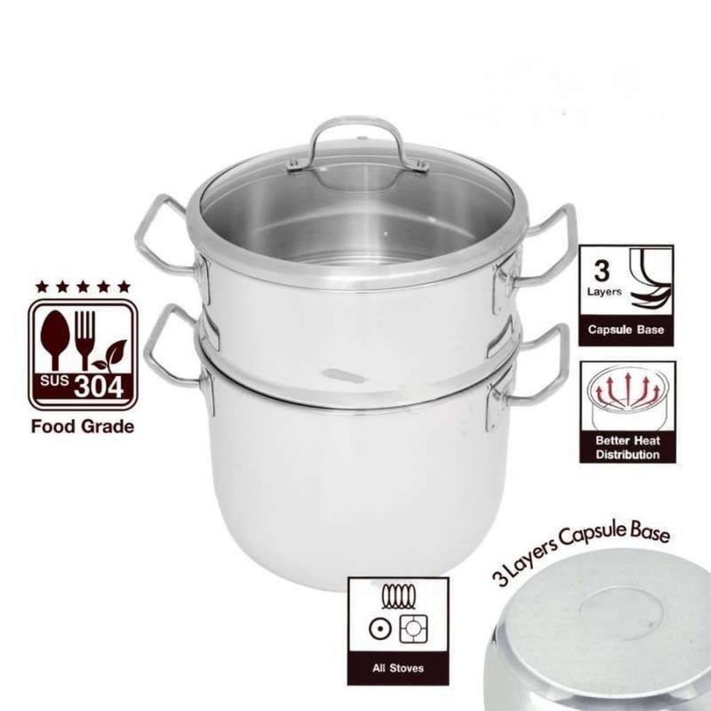 Zebra 163752 Estio Pro II Sauce Pot 24cm with steamer + glass lid Panci Kukus Susun 2 Tutup Kaca SUS