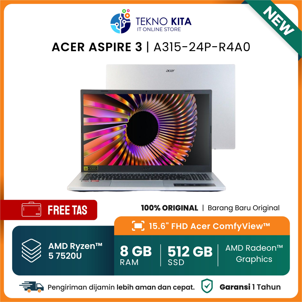 Laptop Terbaru Acer AMD RYZEN 5-7520 SSD 512GB RAM 8GB DISPLAY 15"FHD - LAPTOP BARU ACER ASPIRE 3 A3