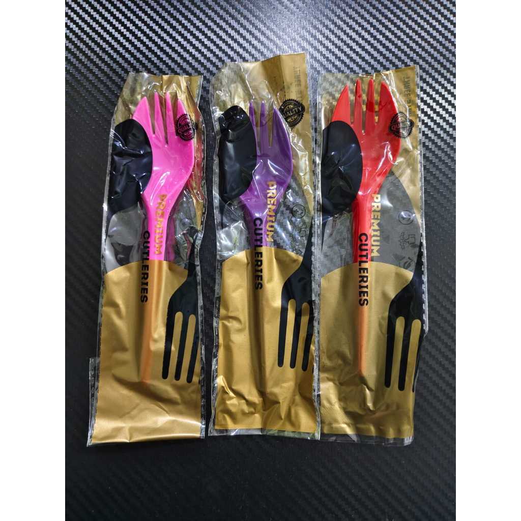 Spork Steril / Sendok 2in1 Bungkus Plastik / Sendok Garpu Steril @50Pcs Warna Merah Pink Ungu