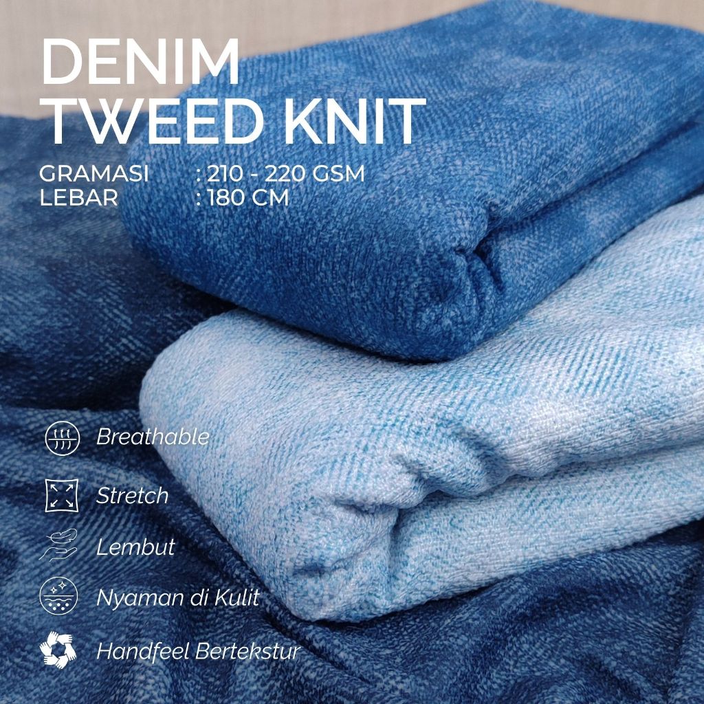 Bahan Kain Denim Tweed Knit | 210-220 GSM Lebar 180cm - Bahan Rajut Stretch Tidak Menerawang Lembut