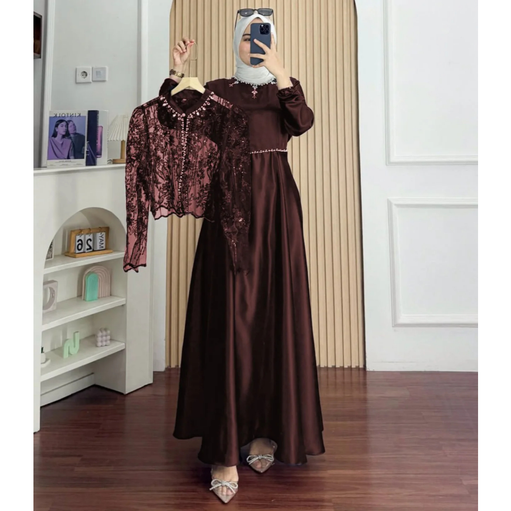 Dress Kekinian Mahogany Jubah Wanita 2026 Baju Lebaran Terbaru Gamus Mewah Size L Xl Xxl Games Elega