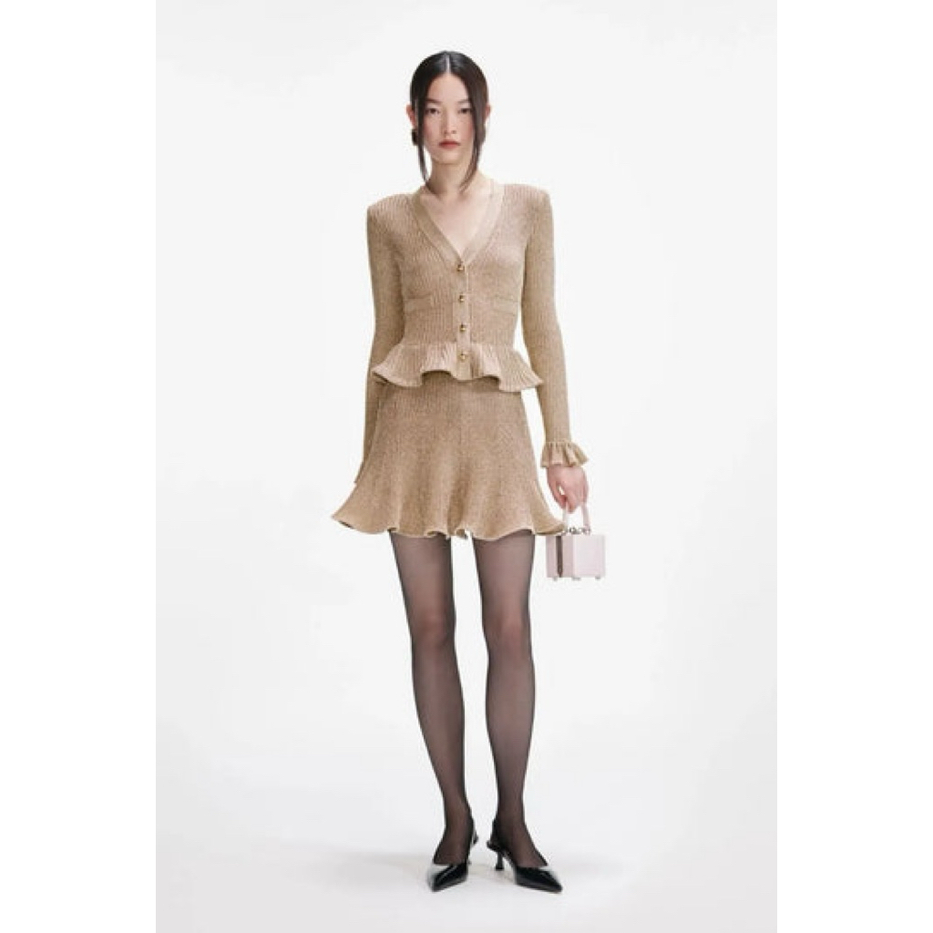 Self Portrait Metallic Effect Ruffled Knit Dress NEW