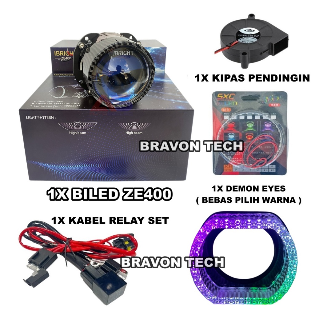 Paket Lengkap Biled Ibright ZE400 2,5 inch Bluelens 59 Watt Projector Biled IBRIGHT 2,5 inch