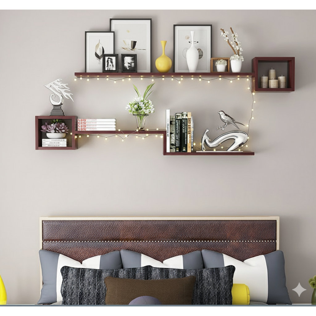 Rak Ambalan Kotak Zigzag Lurus Kayu Rak Pajangan / Rak Hias Estetik untuk Ruang Tamu & Kamar