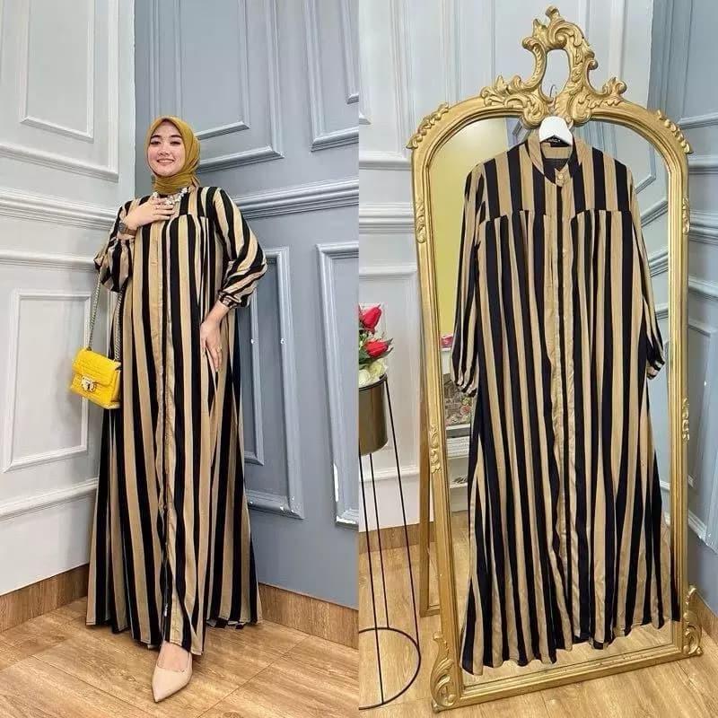 Gamis Wanita Muslim Motif Salur Kancing Depan Pollycotton Premium Import