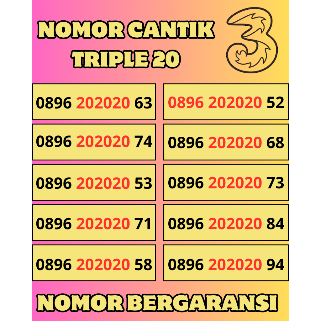 Kartu Perdana Nomor Cantik Tri Seri Triple 20 Terbaru