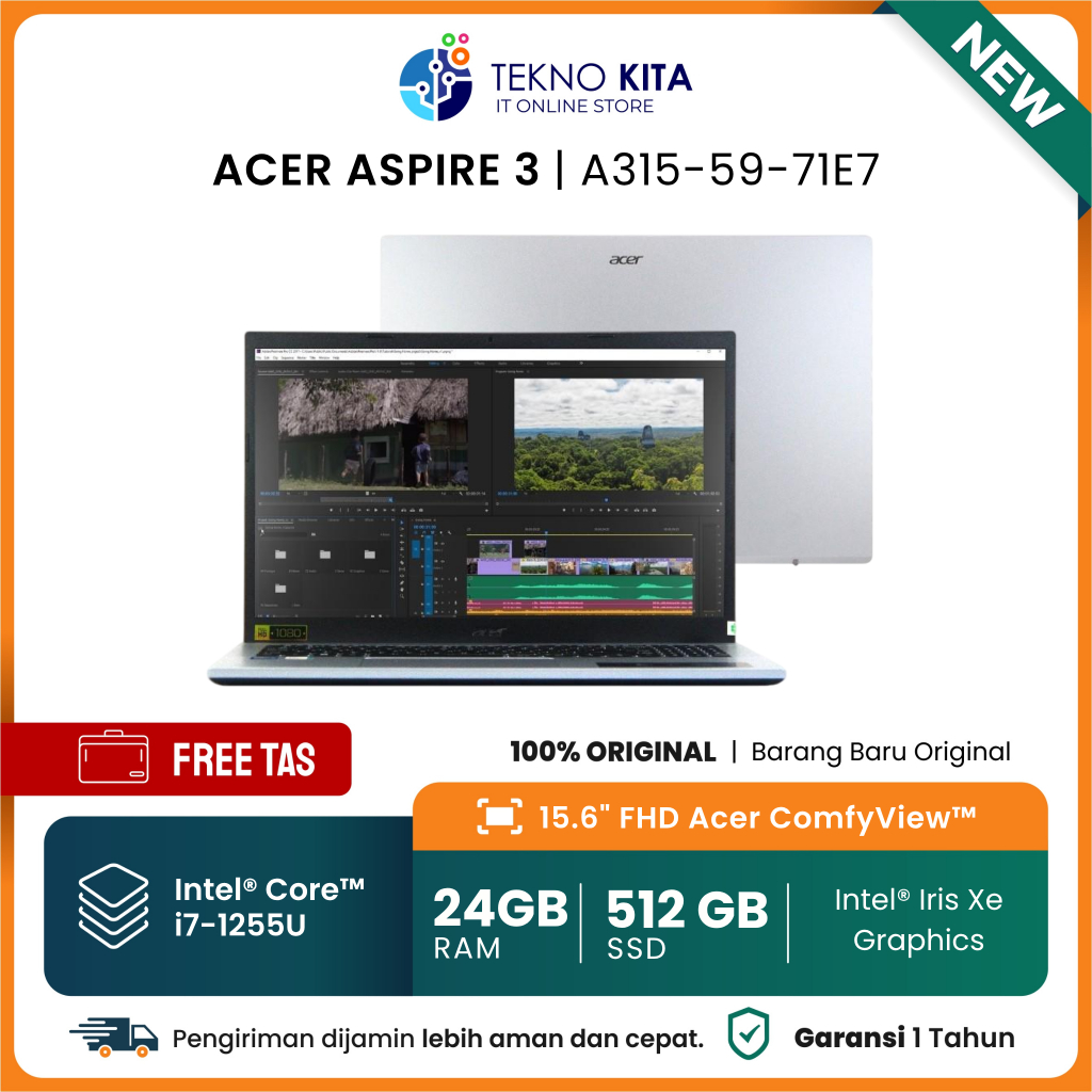 LAPTOP ACER CORE I7 GEN 12 / RAM 24GB / SSD 512GB / 15.6" FHD / SILVER / FREE TAS / BARANG BARU 100%