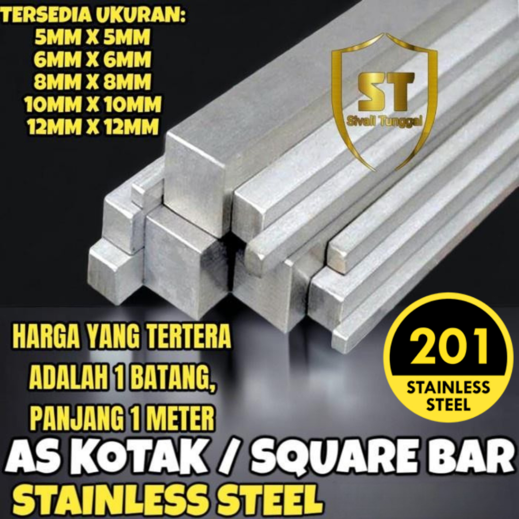 AS KOTAK INLAY SS 201 -  5MM/6MM/8MM/10MM/12MM - (1 METER) - SQUARE BAR / BESI NAKO STAINLESS 201