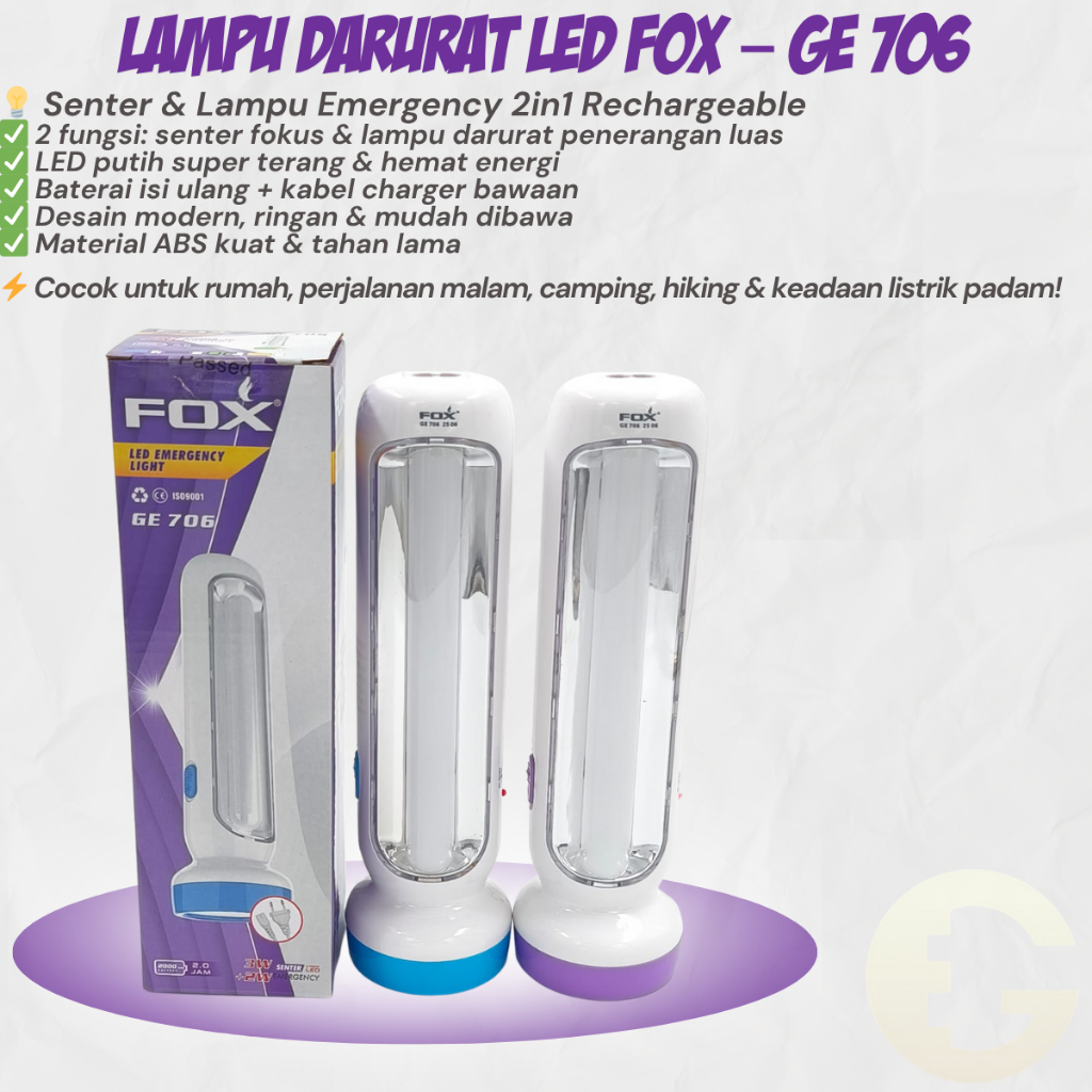 Senter Darurat LED FOX GE 706 Rechargeable | Lampu Emergency 2in1 Super Terang Portable | Outdoor