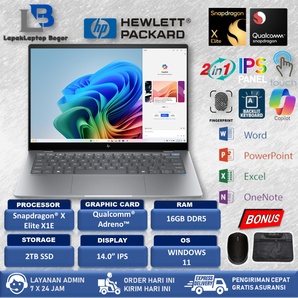 Laptop Hp Omnibook X 14 Snapdragon X Elite X1E78100 16GB 1TB Qualcomm Adreno 2,2K Touch Windows 11
