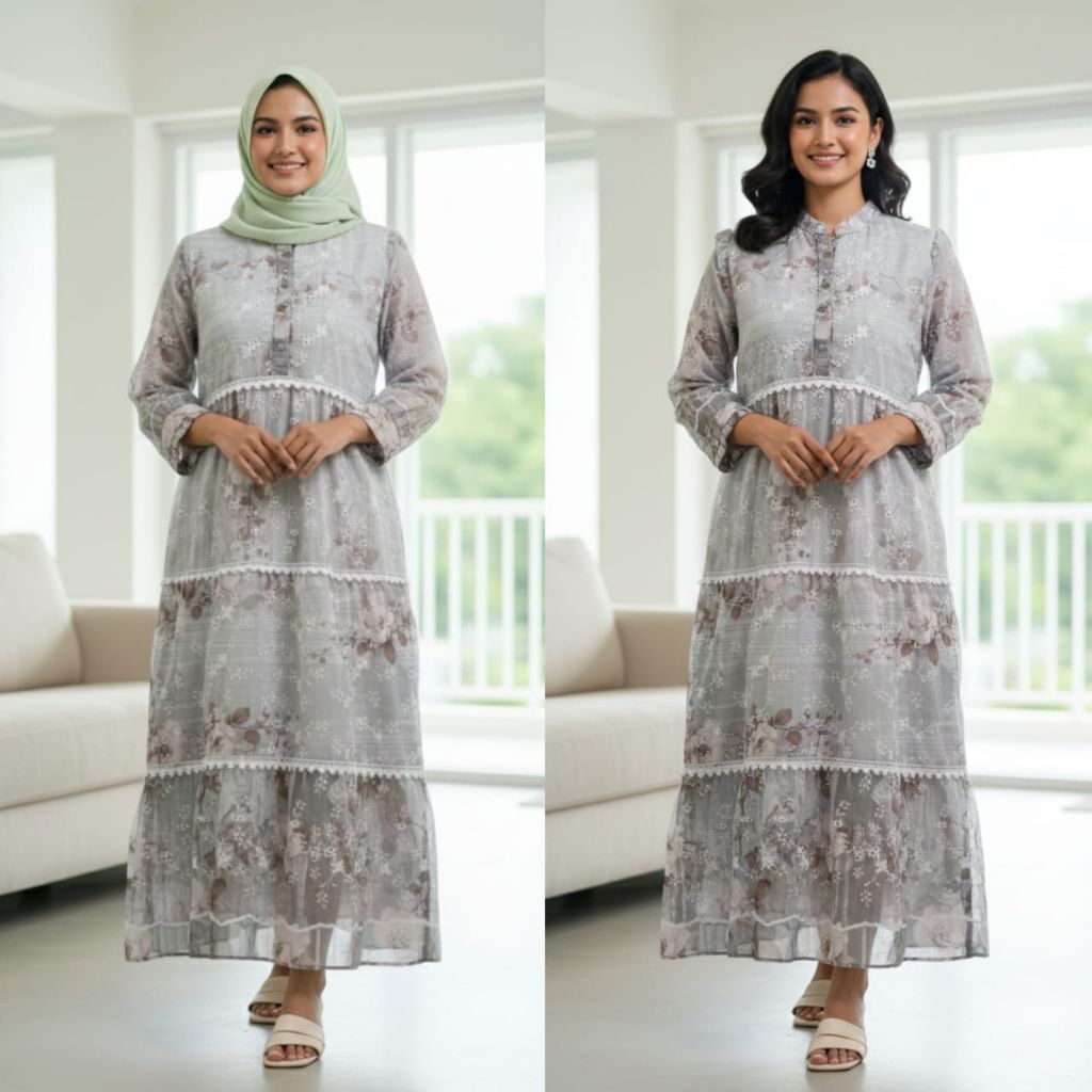 Kayla dress, gamis lebaran 2026 bahan katun katbol mix renda burkat//gamis dewasa busui kancing depa