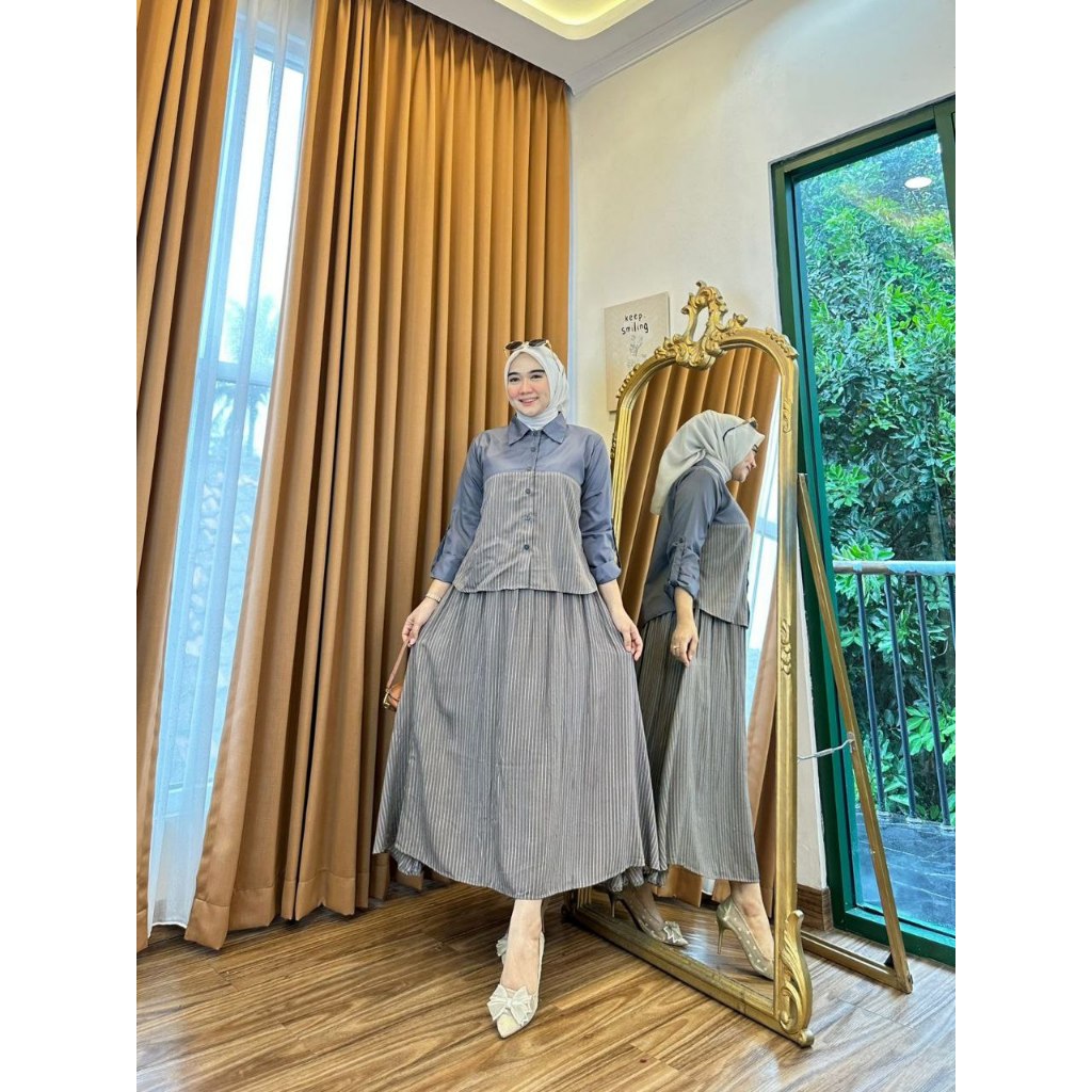 SETROK GARIS BEST SELLER SETELAN ROK KEMEJA SEMI JUMBO SETROK POLOS SOFT VIRAL SET OOTD WANITA KEKIN