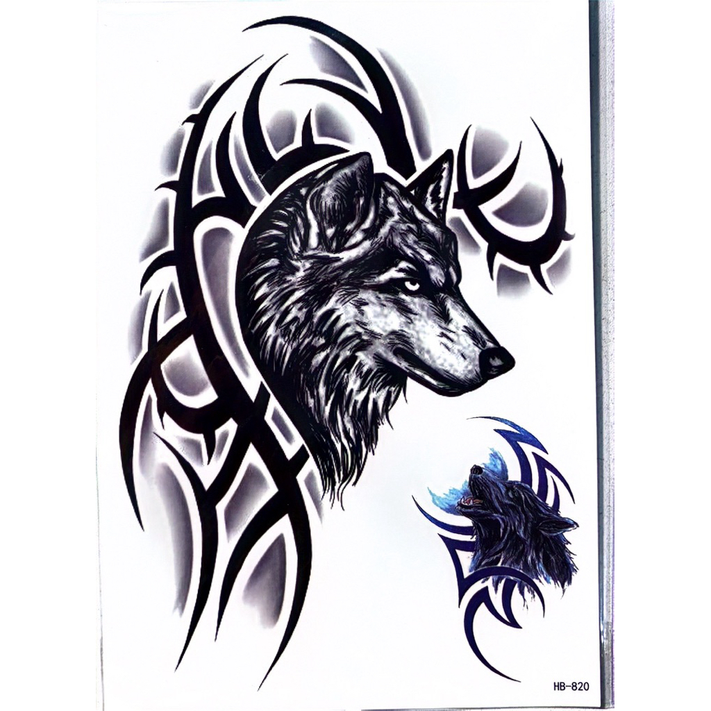 COD Stiker Tato Srigala Tribal kode HB-820 | Tattoo Tempel Tubuh Dada Lengan Unisex Size 21x15 cm | 