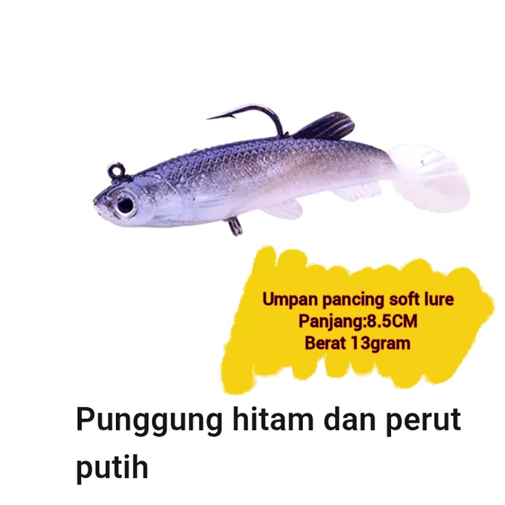 RF00317 1pcs umpan pancing T Tail lead fish umpan lembut soft lure 8.5CM 13gram hitam perut putih