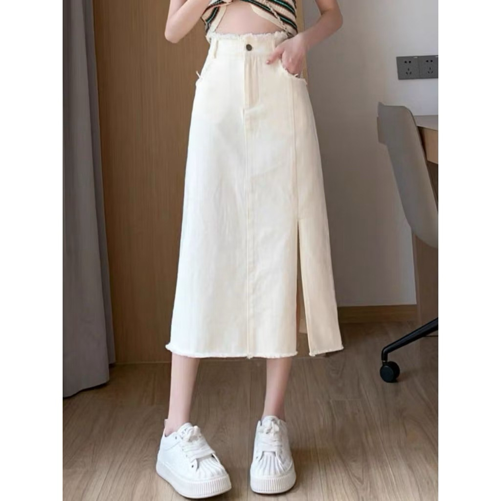 Rok Denim Skirt Cream Jeans Wanita Krem Korea Style Midi Maxi Panjang Import Premium Good Quality