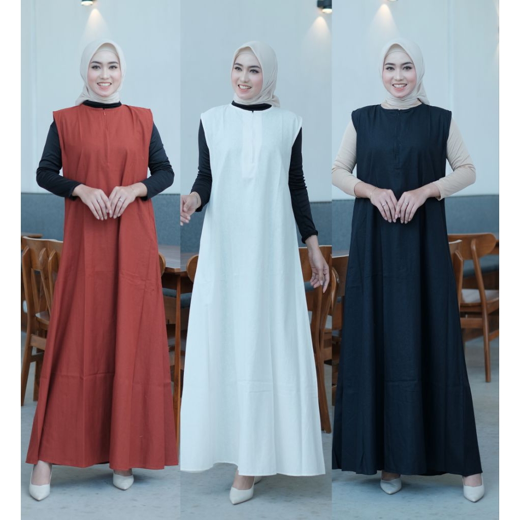 Inner Dres Katun Rami Premium Gamis Wanita Polos Tanpa Lengan Sleting Depan Muslimah Terbaru Kekinia