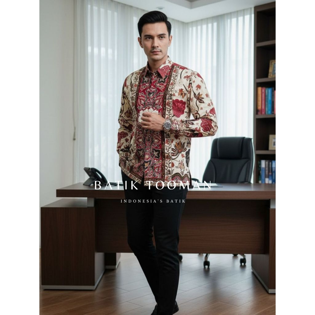 RESPATI BURGUNDY MARUN Slim Fit Kemeja Batik Panjang Warna Putih Broken White Bahan Katun Primisima