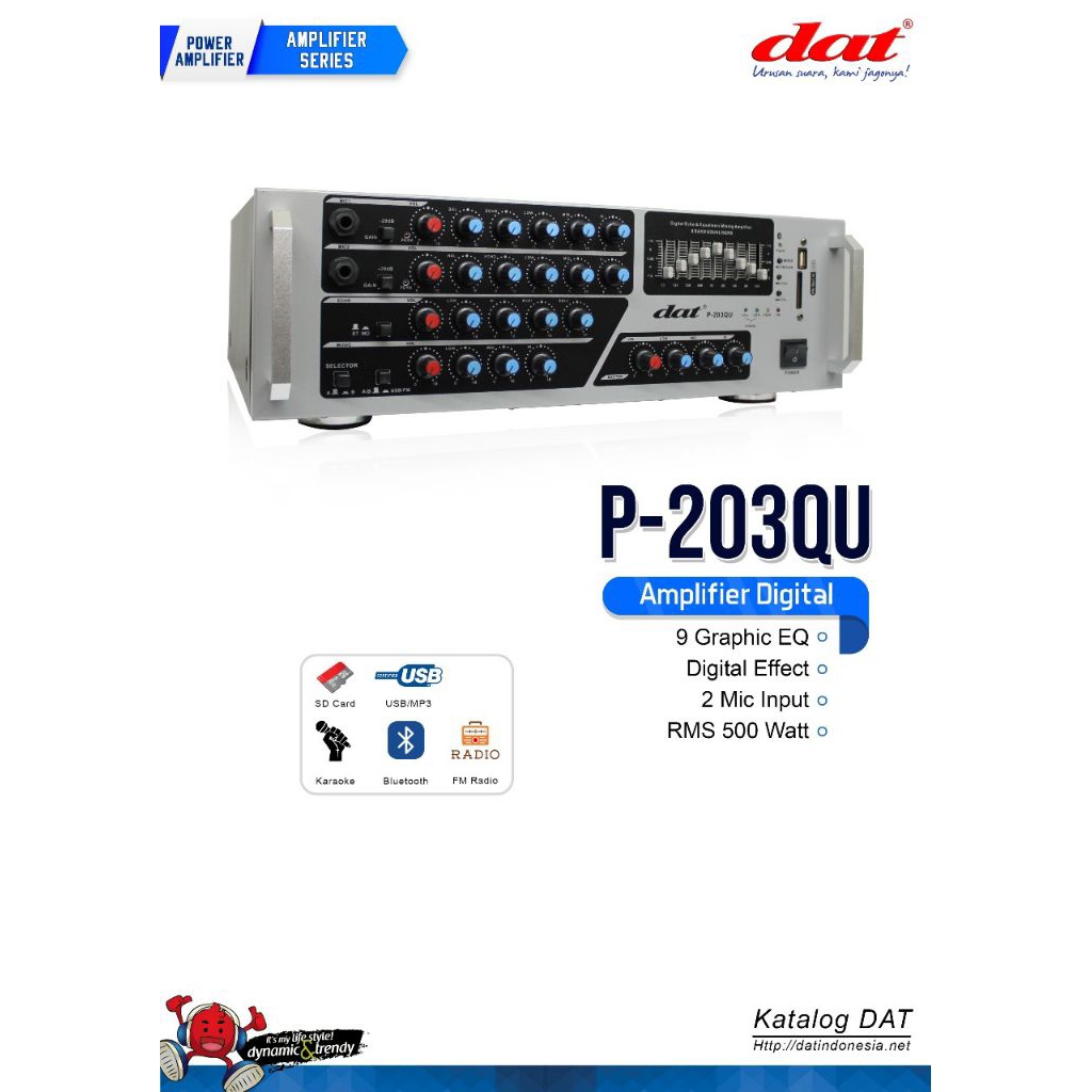 DAT P-203QU – Amplifier Digital 500W, 9 Band EQ, Digital Effect, 2 Mic Input, USB/SD/Bluetooth