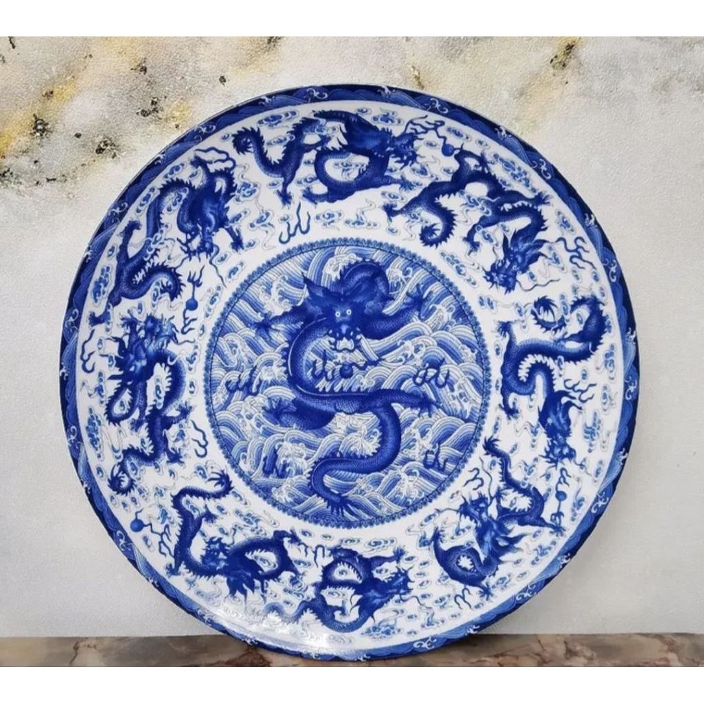 Piring Keramik China Motif Naga Biru Putih