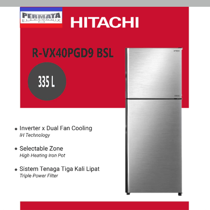 Hitachi Kulkas RVX40PGD9 BSL 375L 2 Pintu Stylish Line