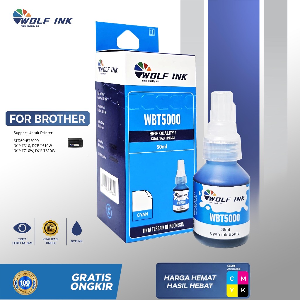 WOLF INK Tinta Printer Brother WBT5000 Wolf Ink Warna Black Cyan Yellow Magenta Compatible Untuk Pri