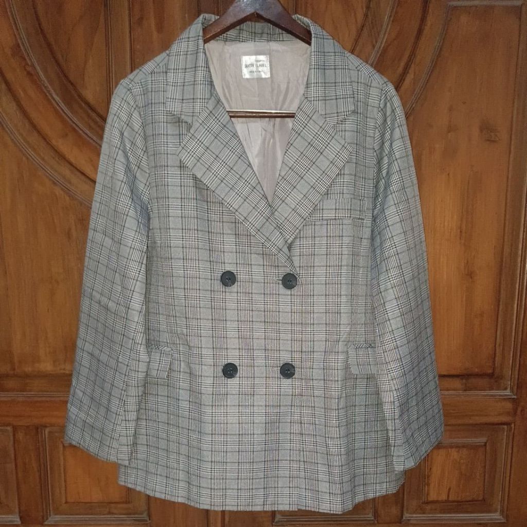 PRELOVED SECRET LABEL Blazer Formal Wanita Tartan HS Abu Garis Cokelat Bigsize LD 114