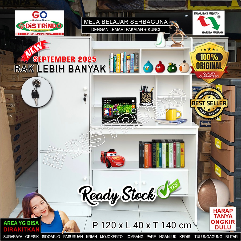 Distrindo - Meja Belajar Besar + 4 Lemari Serbaguna + KUNCI dan ADA RAK dibawah Meja
