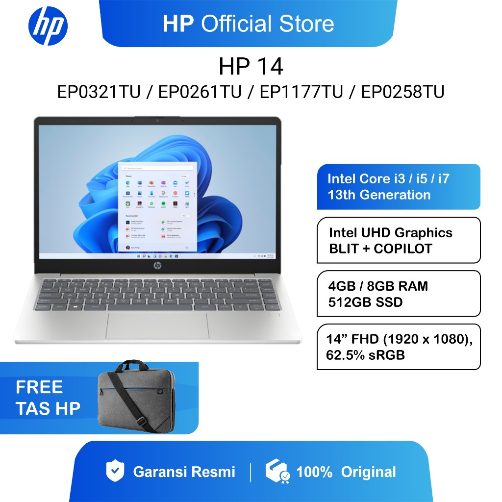 Laptop HP 14 Intel Core i3 / i5 / i7 Gen13 UHD 8GB RAM / 512GB SSD / Windows 11 Home + OHS / 14 Inch