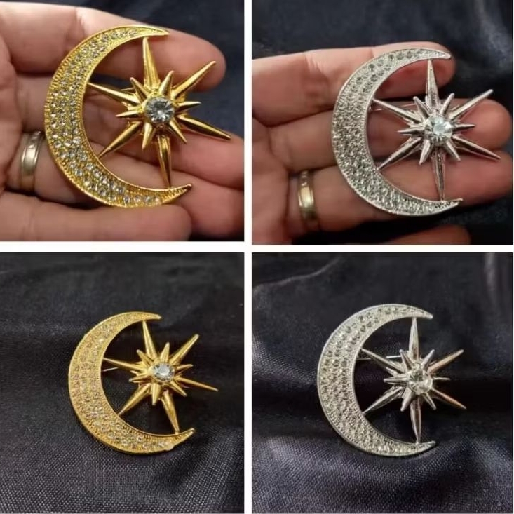 Bros Dada Tanjak Bulan Sabit/Bros Bulan Bintang/Bros Kristal Korea/Bros Mewah Murah Grosir