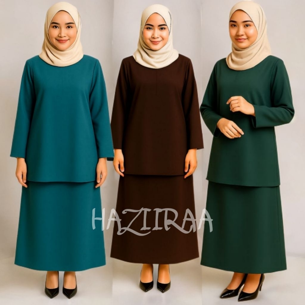Setelan Baju Kurung Wanita Modern Bahan Katun Toyobo Polos One set Tunik Pakaian Melayu Kebaya musli