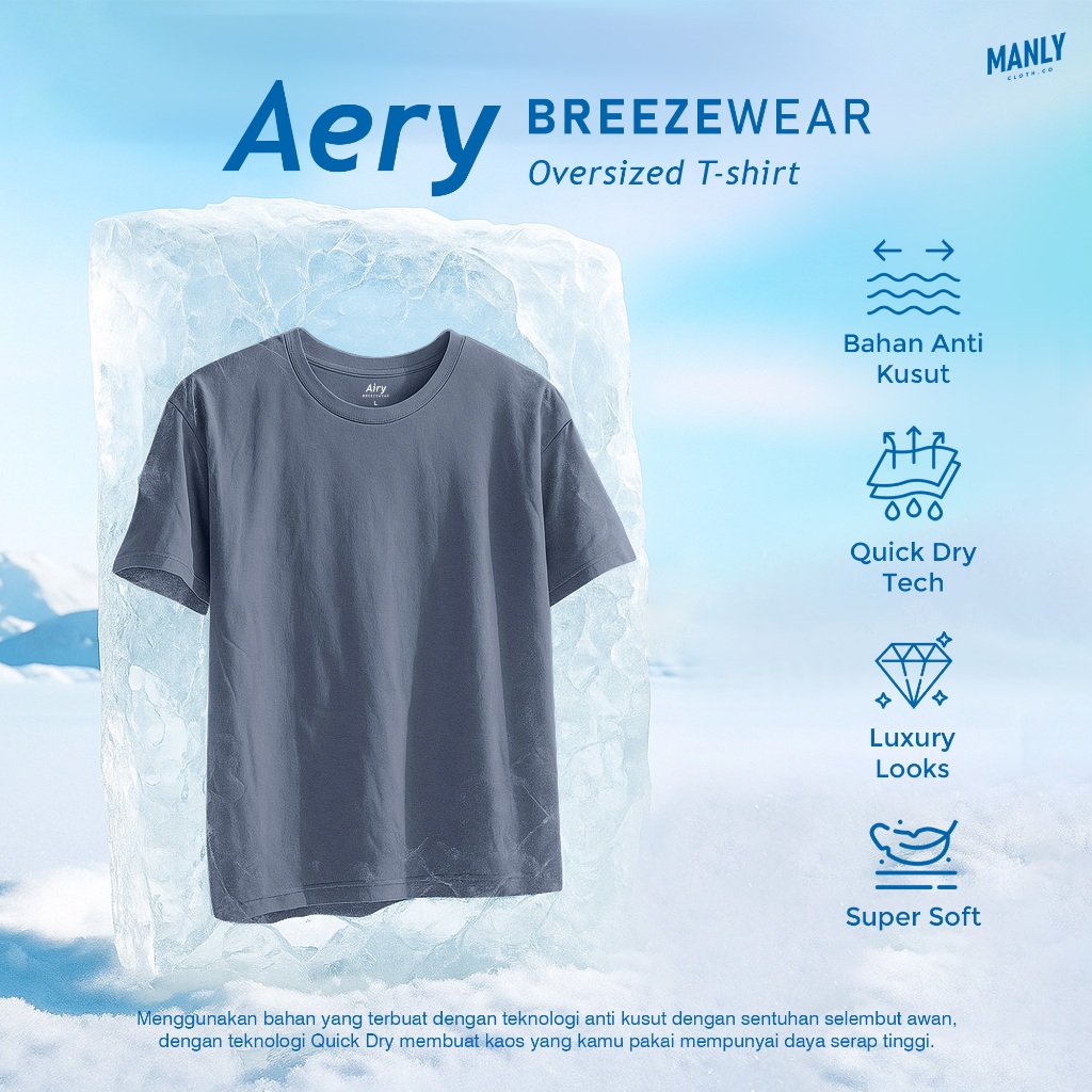 MANLY Aery Oversized T-Shirt Cool Briz Quick Dry Tech - Dusty Blue