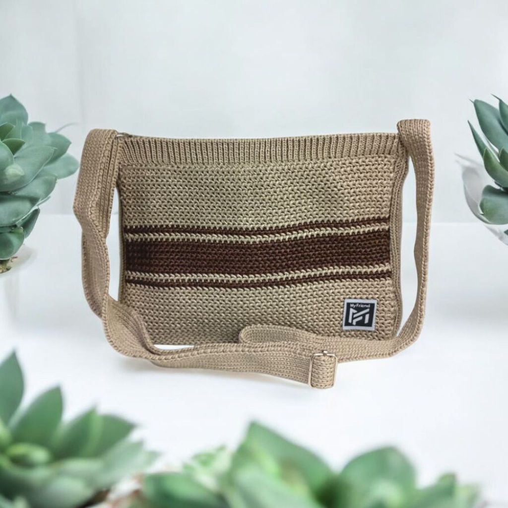 Tas Rajut Resleting Selempang Wanita Muat Hp dompet Motif Garis