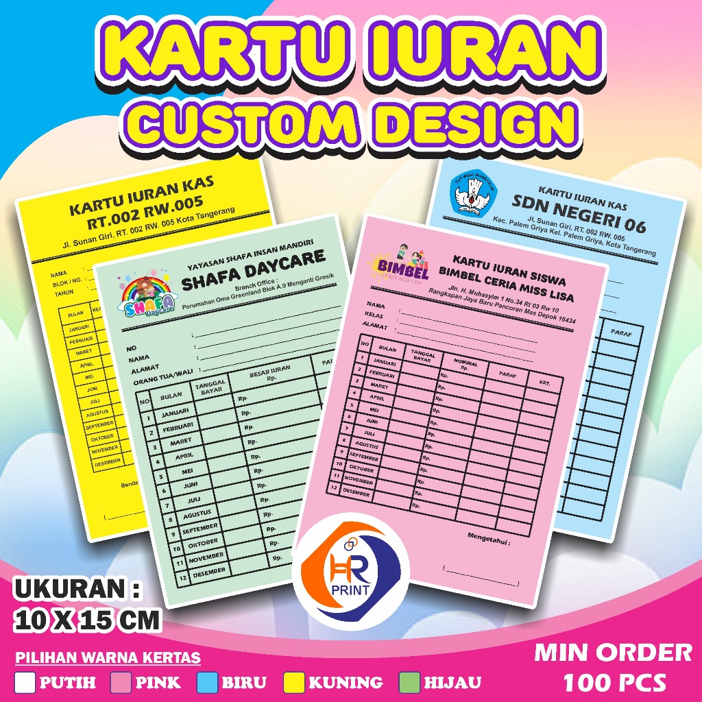 KARTU IURAN CUSTOM 10x15 cm  / SPP / INFAQ / NGAJI / TK / SD / KARTU IURAN KAS RT