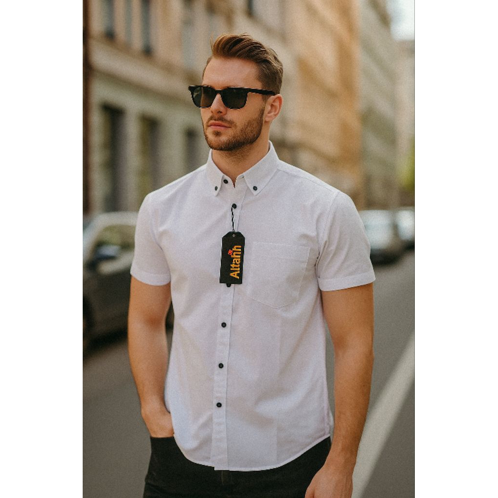Kemeja katun pendek pria cowok warna putih terbaru