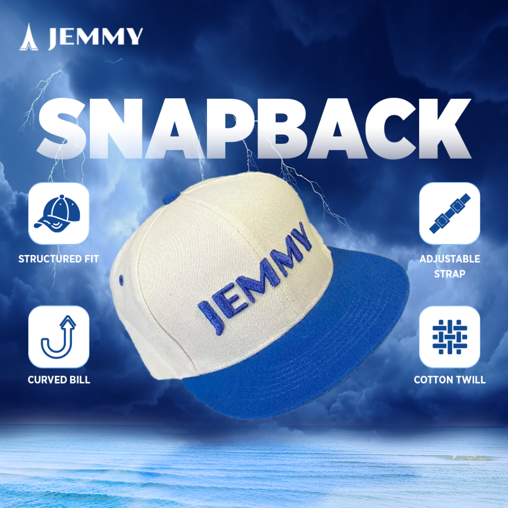 JEMMY Topi Snapback Bordir – Desain Keren Warna Putih Biru, Unisex Streetwear Casual