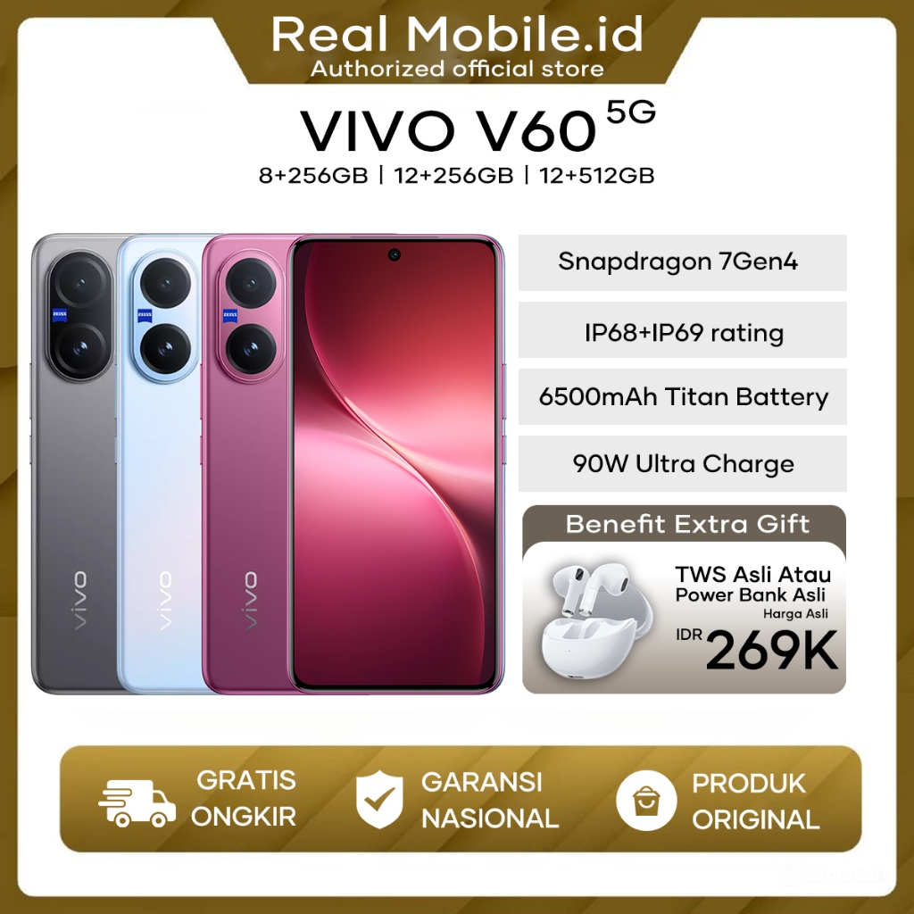 Hp VIVO V60 5G/V60 Lite 5G 12/512GB NFC 50MP Sony Kamera Garansi Resmi 100% Original Vivo Indonesia