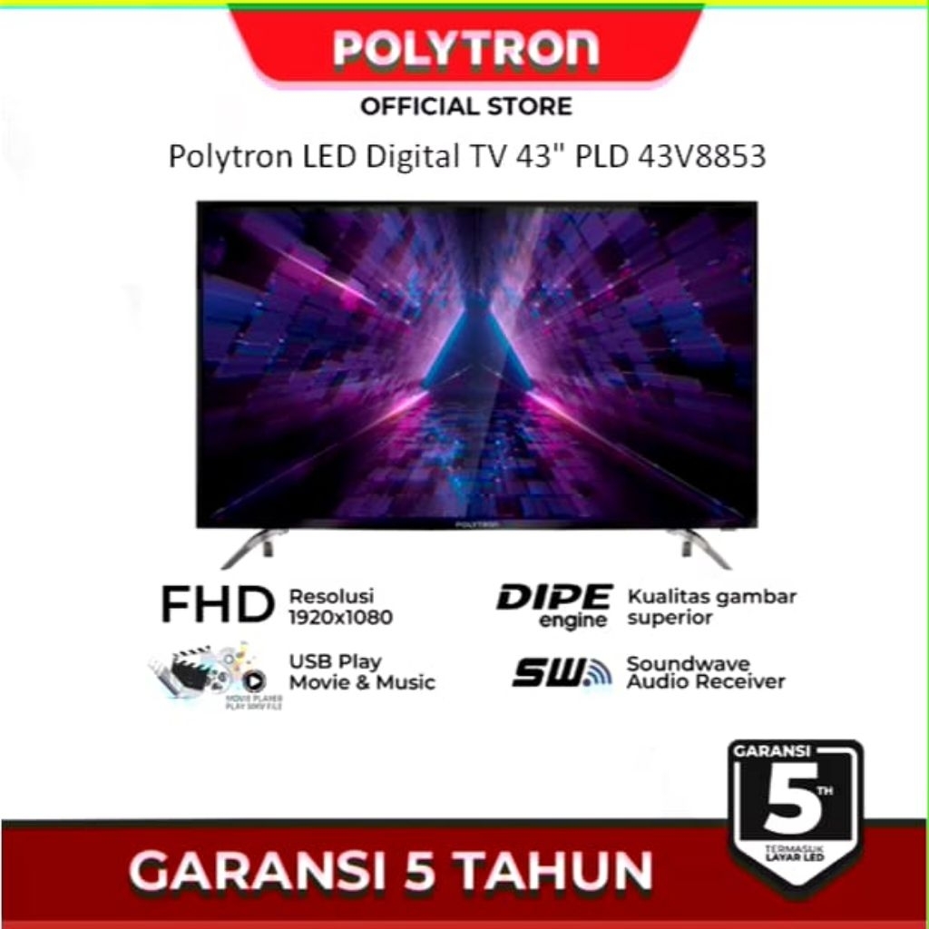 Polytron TV LED Digital 43 Inch PLD 43V8853 FHD 100% Ori Resolusi 1920x1080 USB Play Movie & Music G