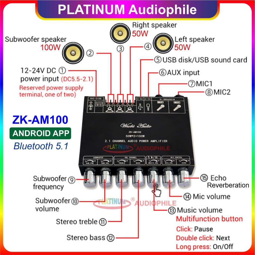 TPA3116 Amplifier Microphone Reverb Karaoke Echo Bluetooth TWS 2.1 CH Original Wuzhi ZK-AM100 AM100F