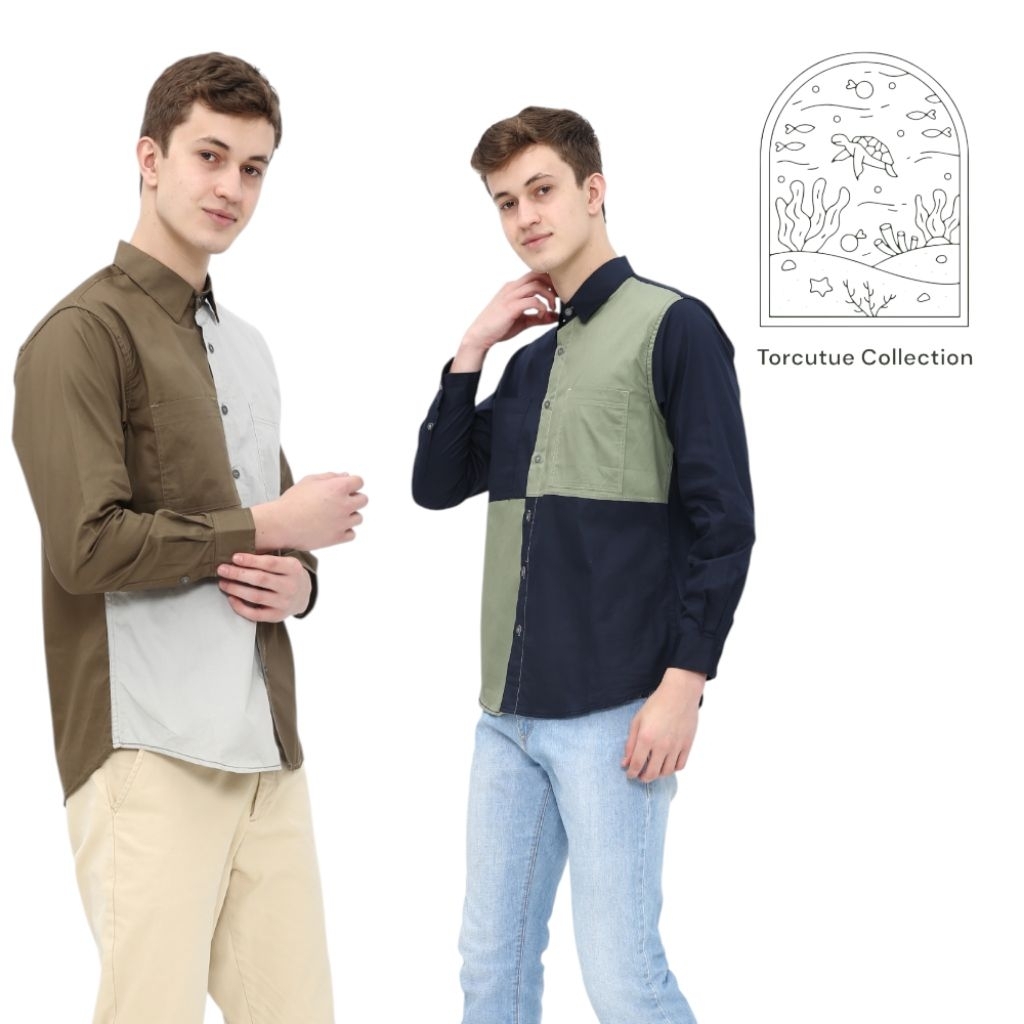 Kemeja Lengan Panjang Katun Pria Two Colour polosan Colour block by Tortue Exclusive