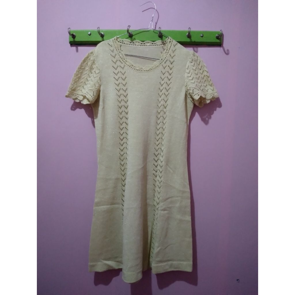 (Preloved) Tunik Dress Krem Lengan Pendek Detail Crochet
