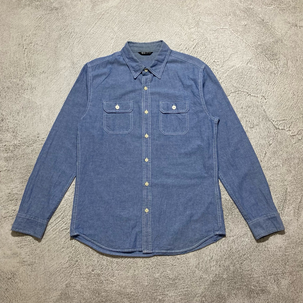 The Best Jeans Nearby Chambray Work Shirt Double Pocket Kemeja Lengan Panjang
