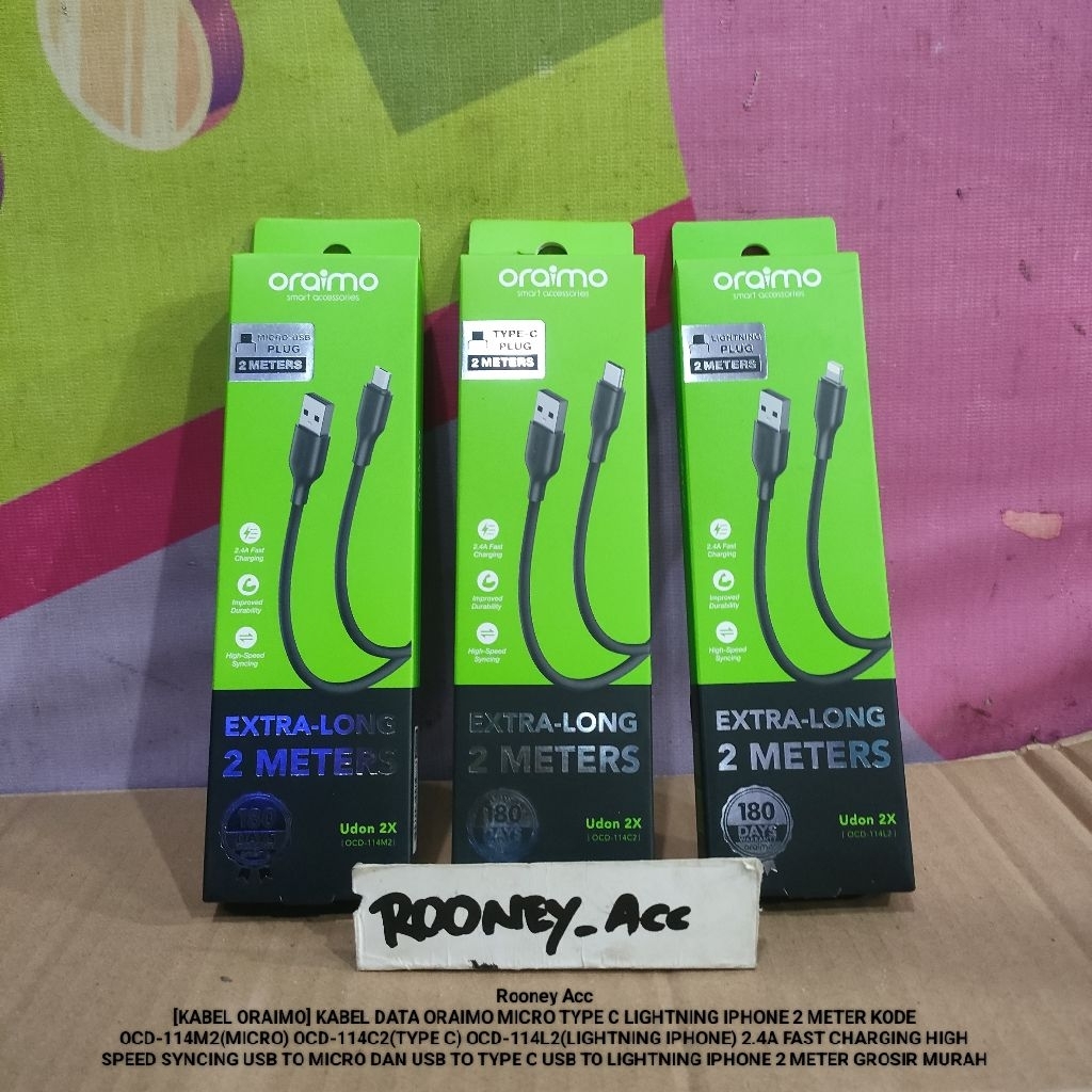 [KABEL ORAIMO] KABEL DATA ORAIMO MICRO TYPE C LIGHTNING IPHONE 2 METER KODE OCD-114M2(MICRO) OCD-114