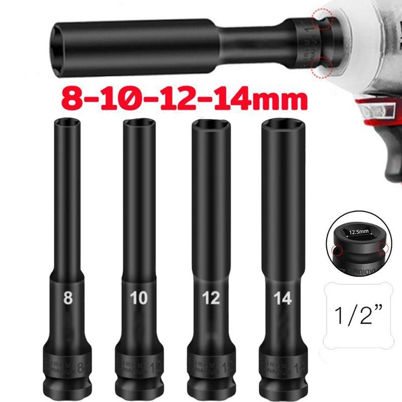 PekerjaTools Set 4pcs Mata Kunci Shock Panjang 130mm 1/2" Drive • Impact Socket Heavy Duty untuk Bor