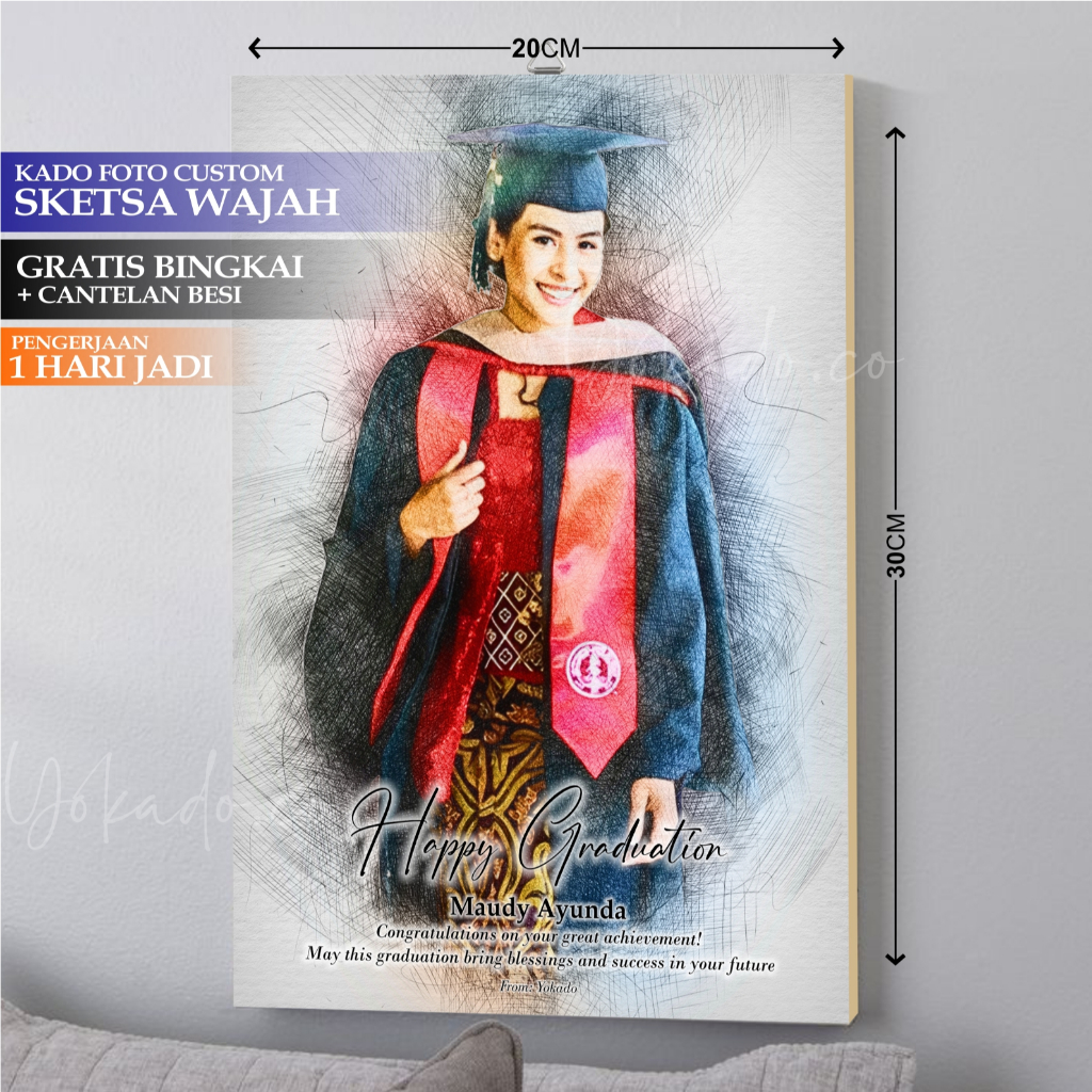 Kado Sketsa Wajah/Bingkai foto aesthetic 1 HARI JADI /cetak foto/ kado wisuda, kado hari guru,  Ulan