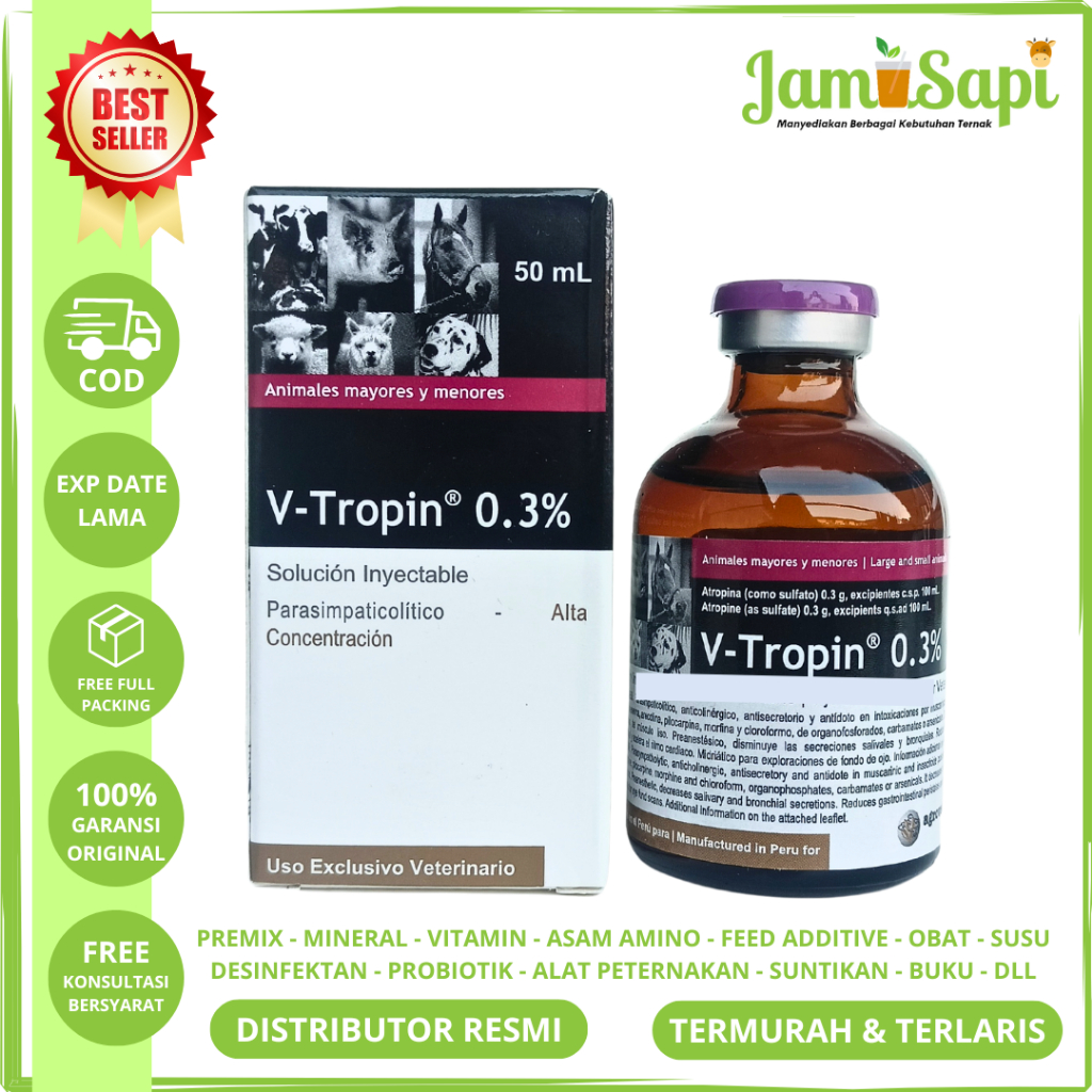 V TROPIN 0.3% 50ML AGROVET - Atropin Hewan Sapi Kuda Kambing Anjing Kucing - Antipasmodik Obat Kejan