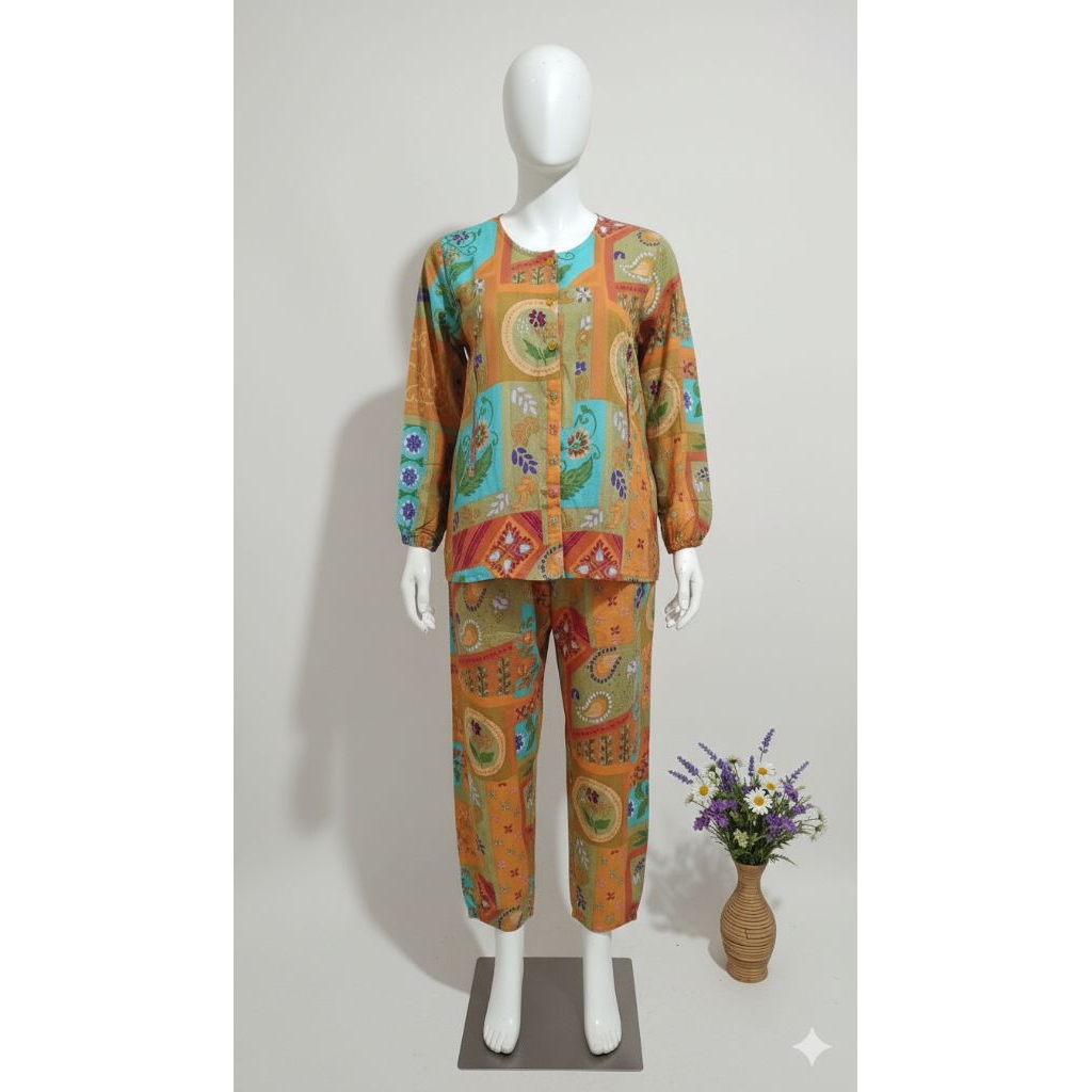 Setelan motif lengan panjang katun rayon katun twill / piyama wanita dewasa /homedress