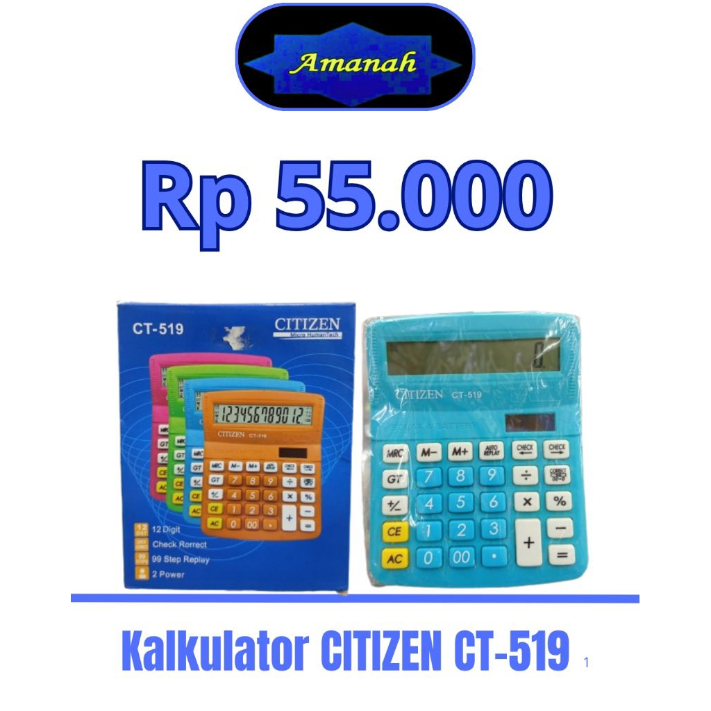kalkulator CITIZEN CT-519 calculator 12 digit warna pink hijau biru orange